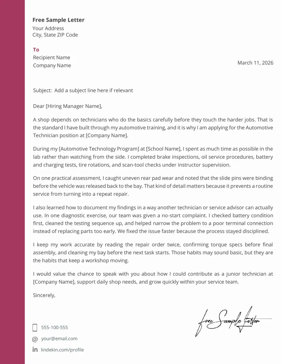 Automotive Technician Cover Letter Template Preview Before Download (WORD/PDF)