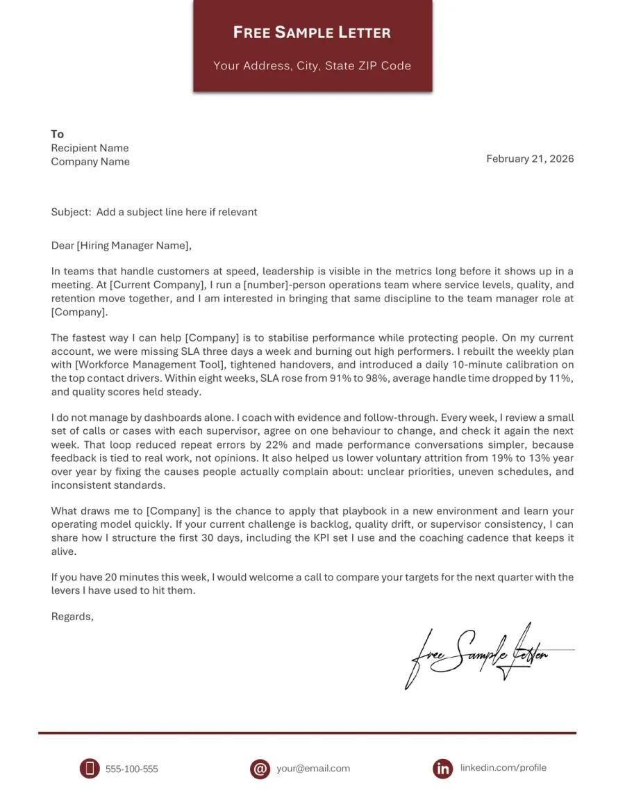 Preview the Team Manager Cover Letter Template Before Downloading (Word/PDF)
