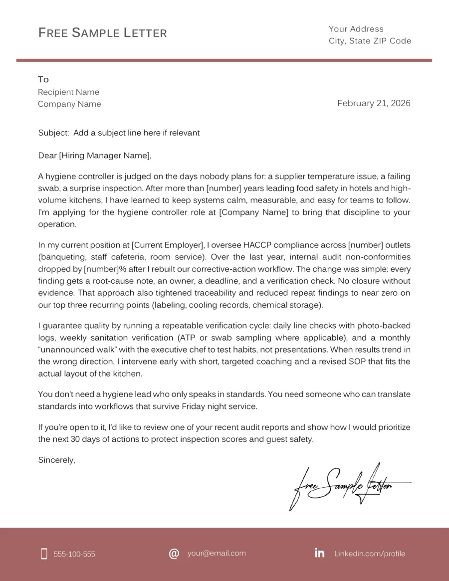 Preview Hygiene Controller Cover Letter Templates Before Download (Word + PDF)