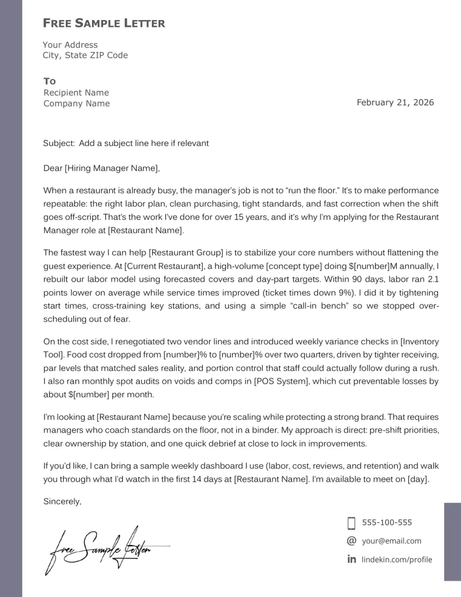 Preview the Restaurant Manager Cover Letter Template Before Download (Word/ PDF)