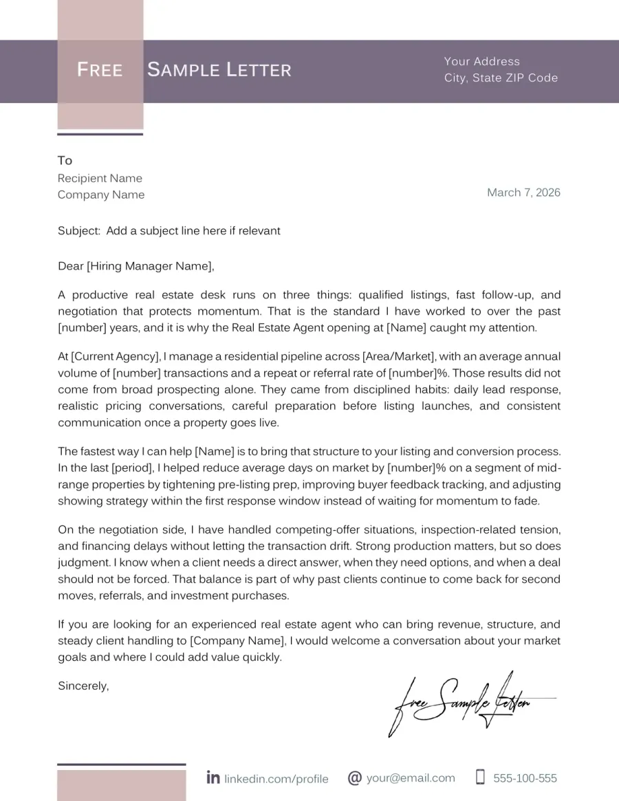 Preview the Real Estate Agent Cover Letter Template Before Download