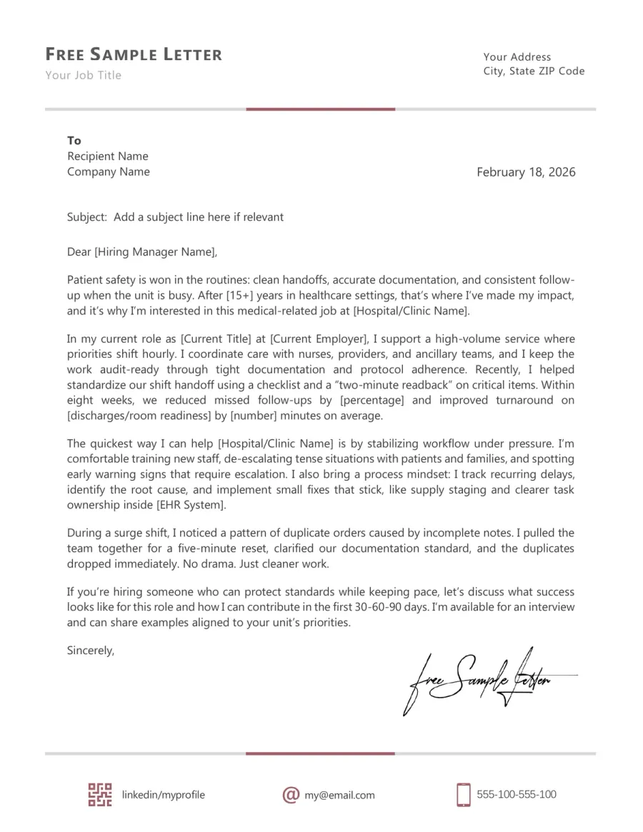 Medical-related Job Cover Letter Template Preview Before Download