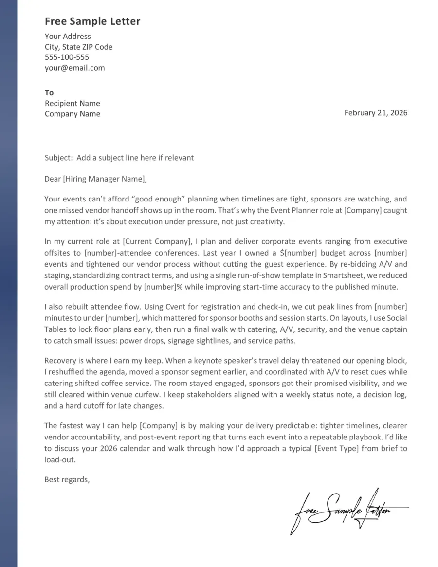 Event Planner Cover Letter Template Preview - Download Word or PDF
