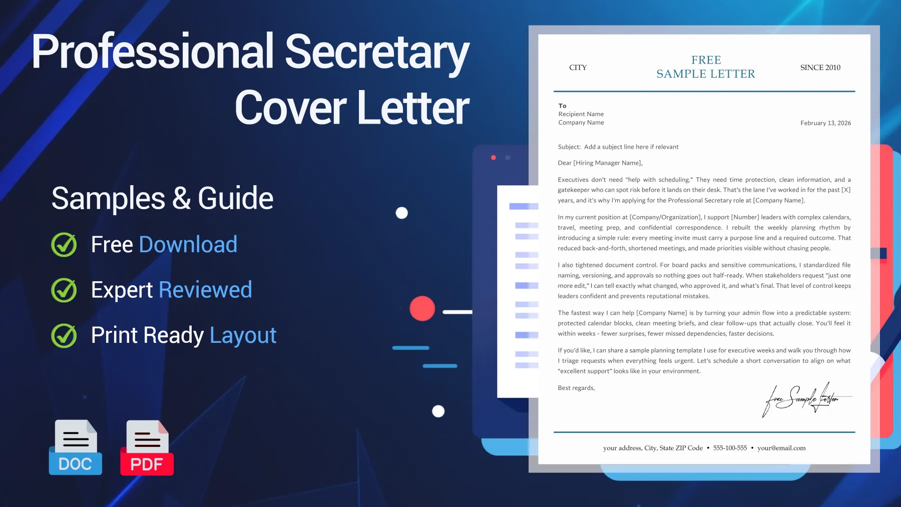 Example of a Professional Secretary cover letter for an administrative position