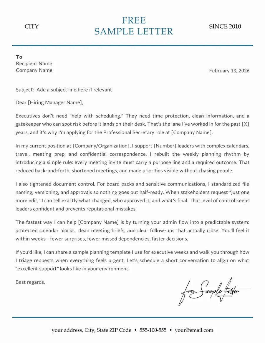 Professional Secretary Cover Letter Template Preview Before Download