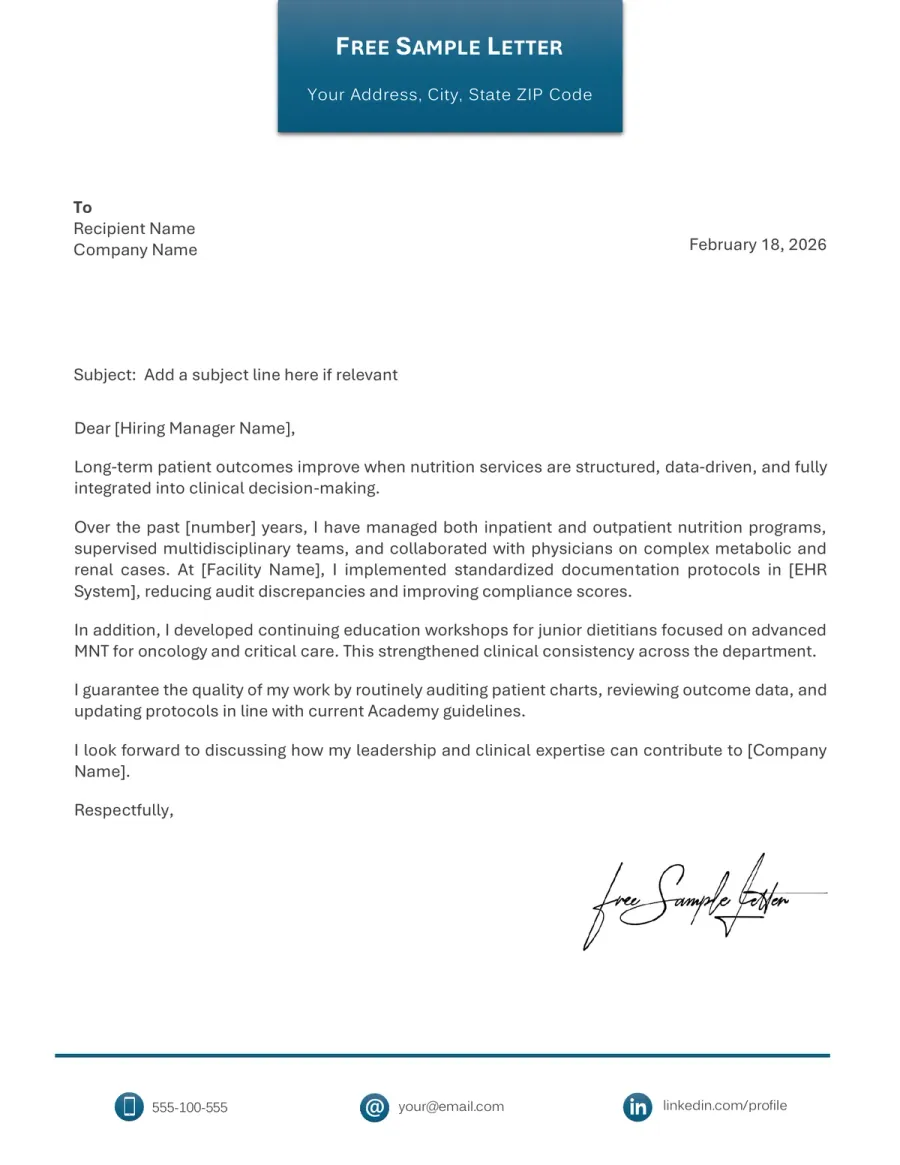 Dietitian Cover Letter Template Preview Before Download