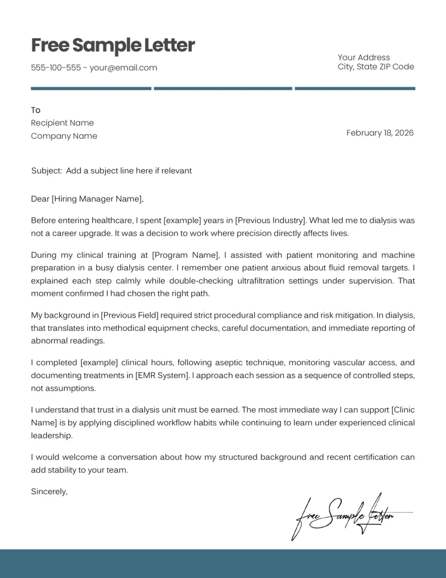 Dialysis Technician Cover Letter Template Preview Before Download