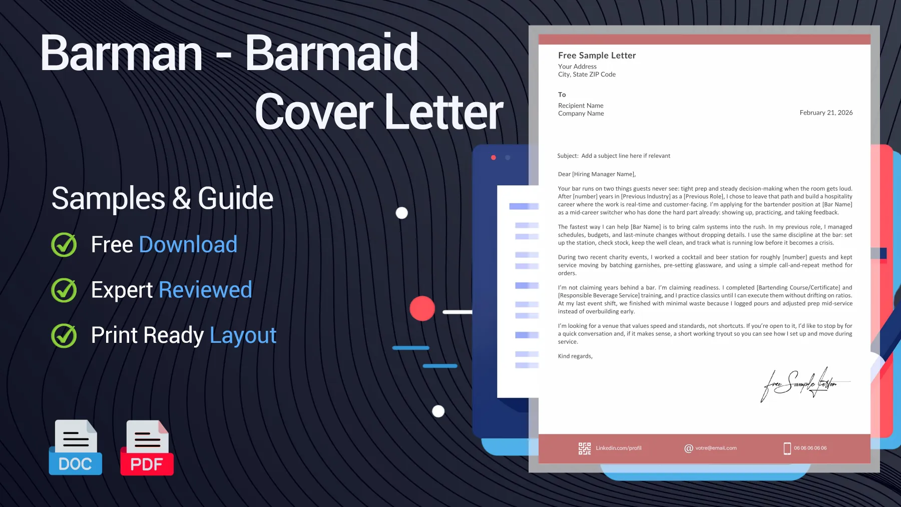 Example of a Barman - Barmaid cover letter for a bartender position