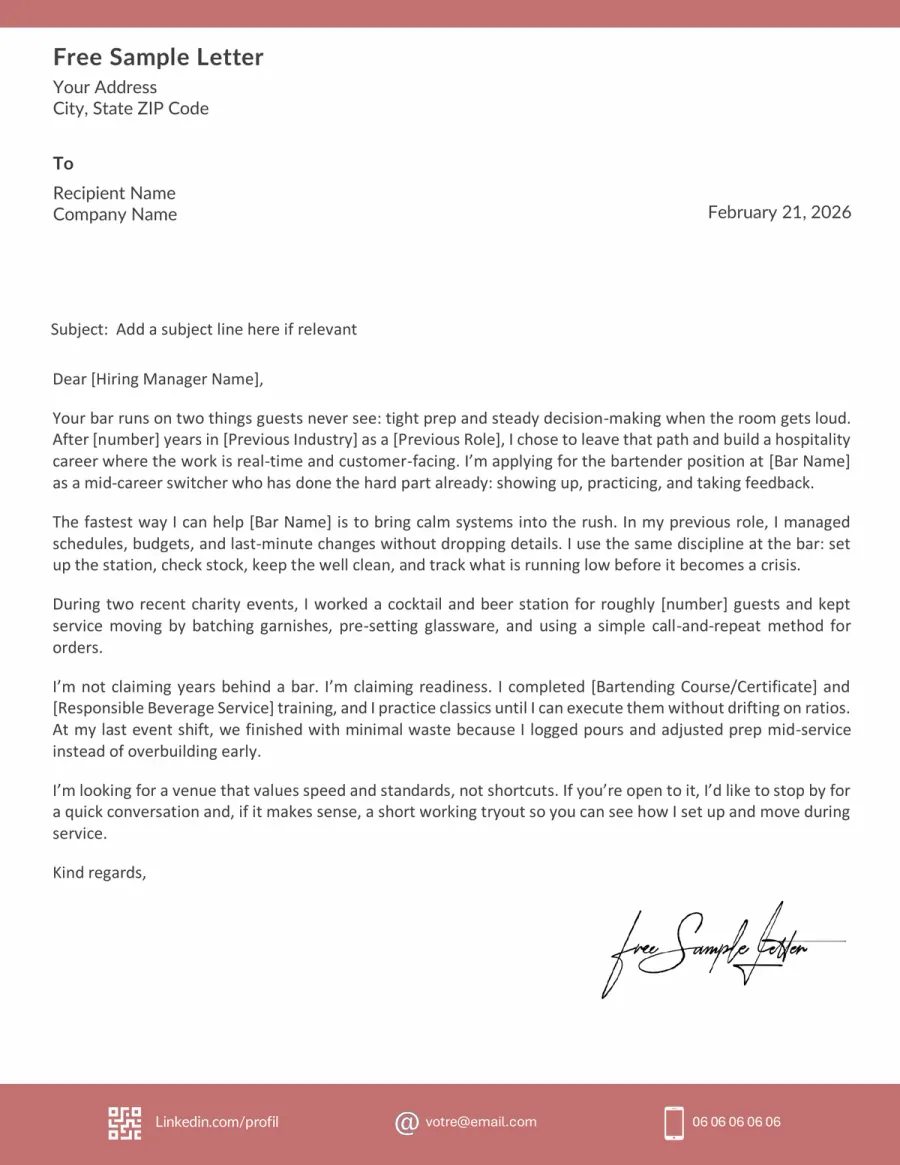 Preview the Bartender Cover Letter Template, then Download (Word/PDF)