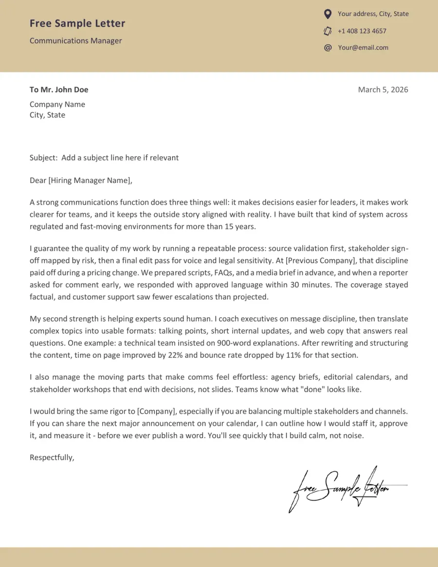 Chief of Communications Cover Letter Template Preview Before Download (Word/PDF)