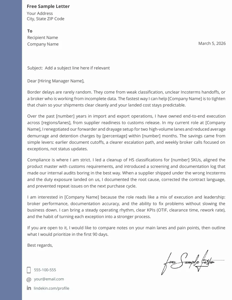 Preview the Import Export Cover Letter Template Before Download (Word/PDF)