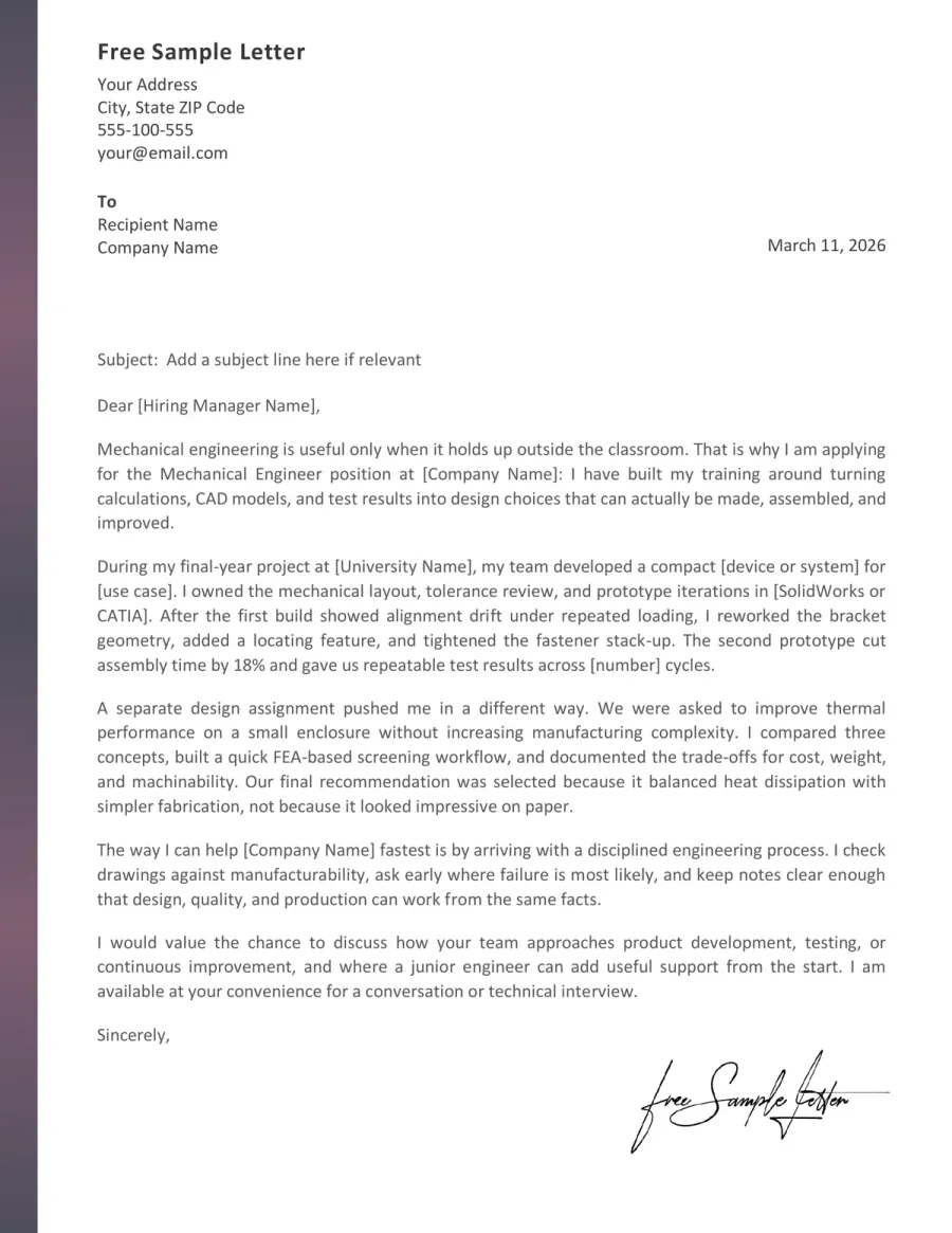 Preview the Mechanical Engineer Cover Letter Template Before Download (Word/PDF)