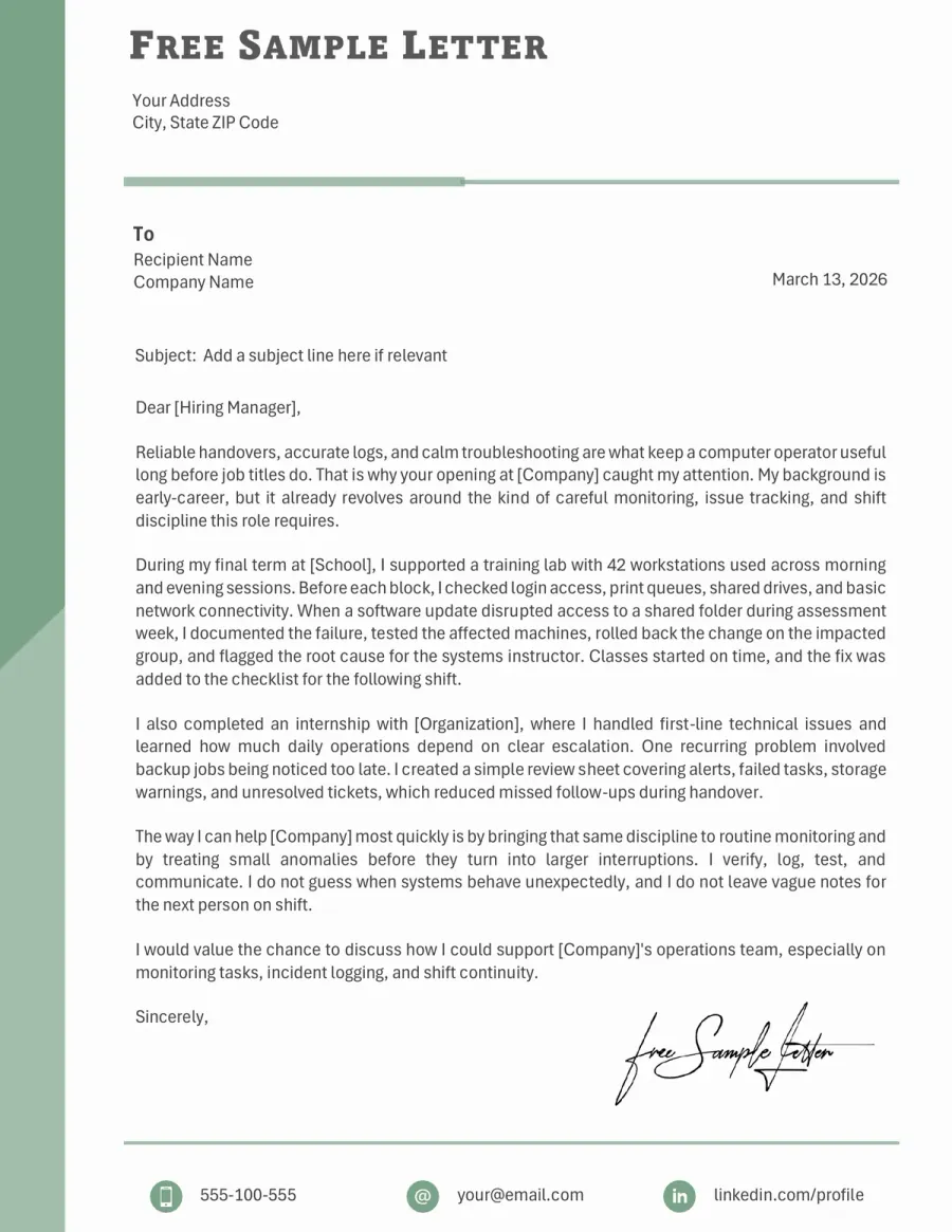 Computer Operator Cover Letter Template Preview Before Download (Word/PDF)