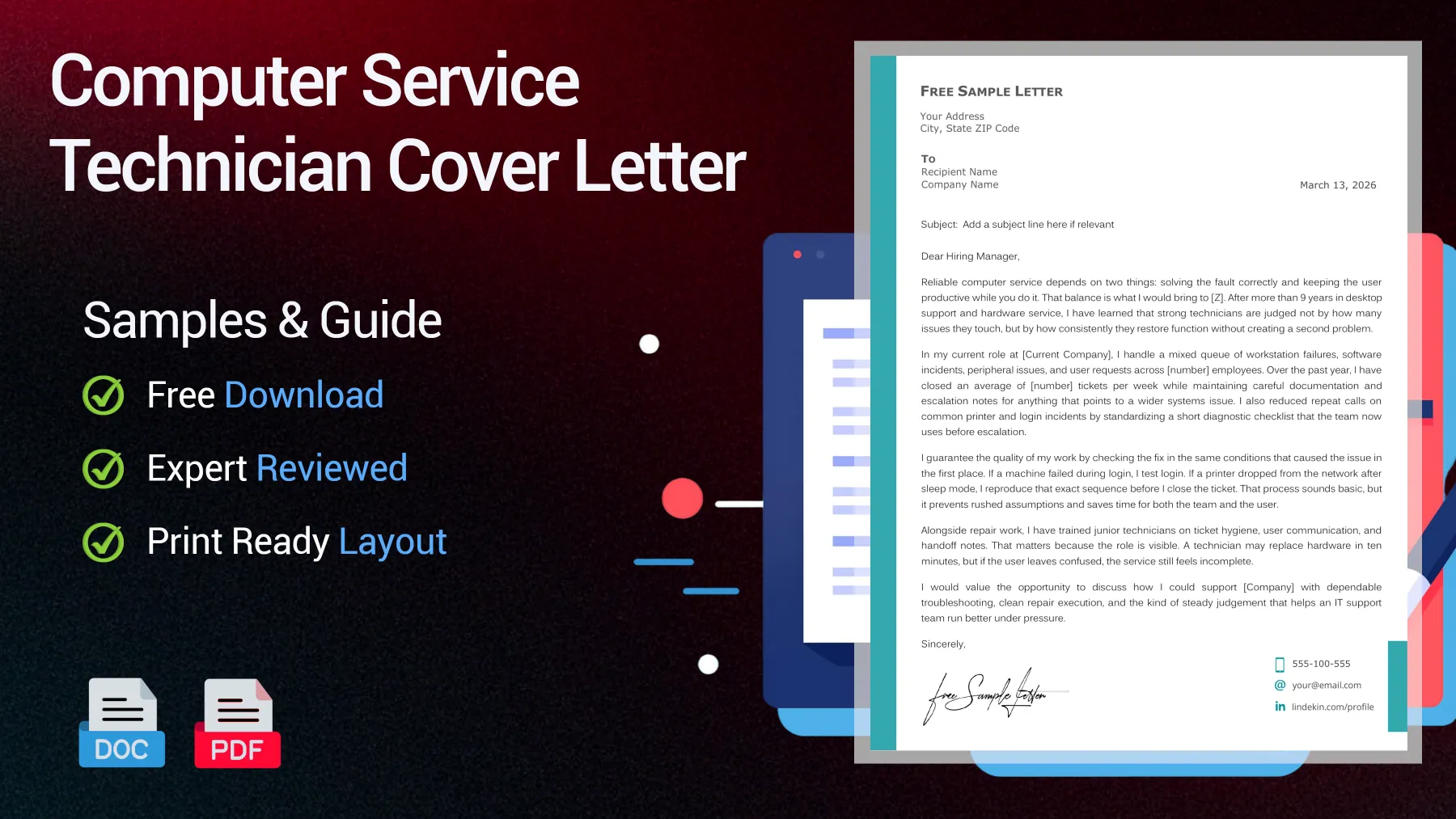 Example of a computer service technician cover letter for a support position.