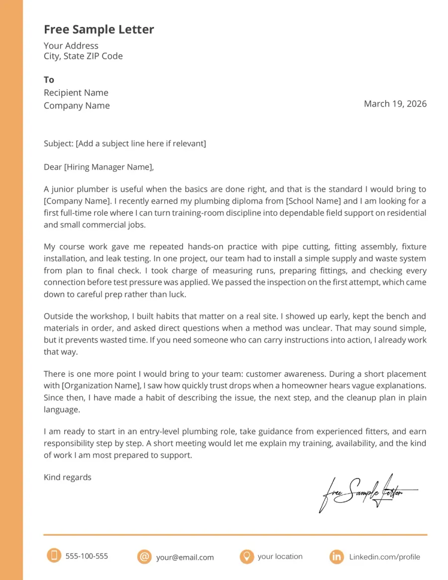 Plumber Cover Letter Template Preview Before Word and PDF Download