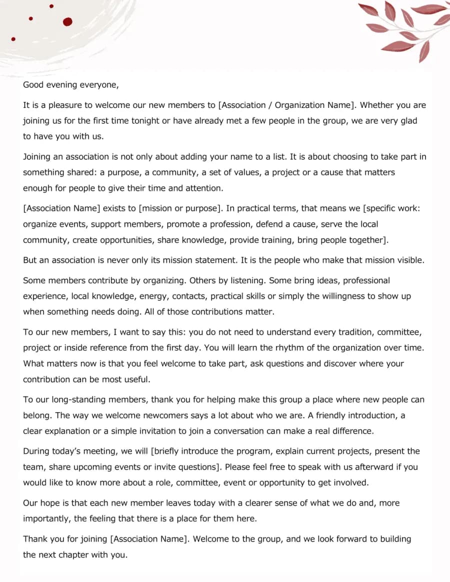 Preview of the Welcome Speech Template You Can Download