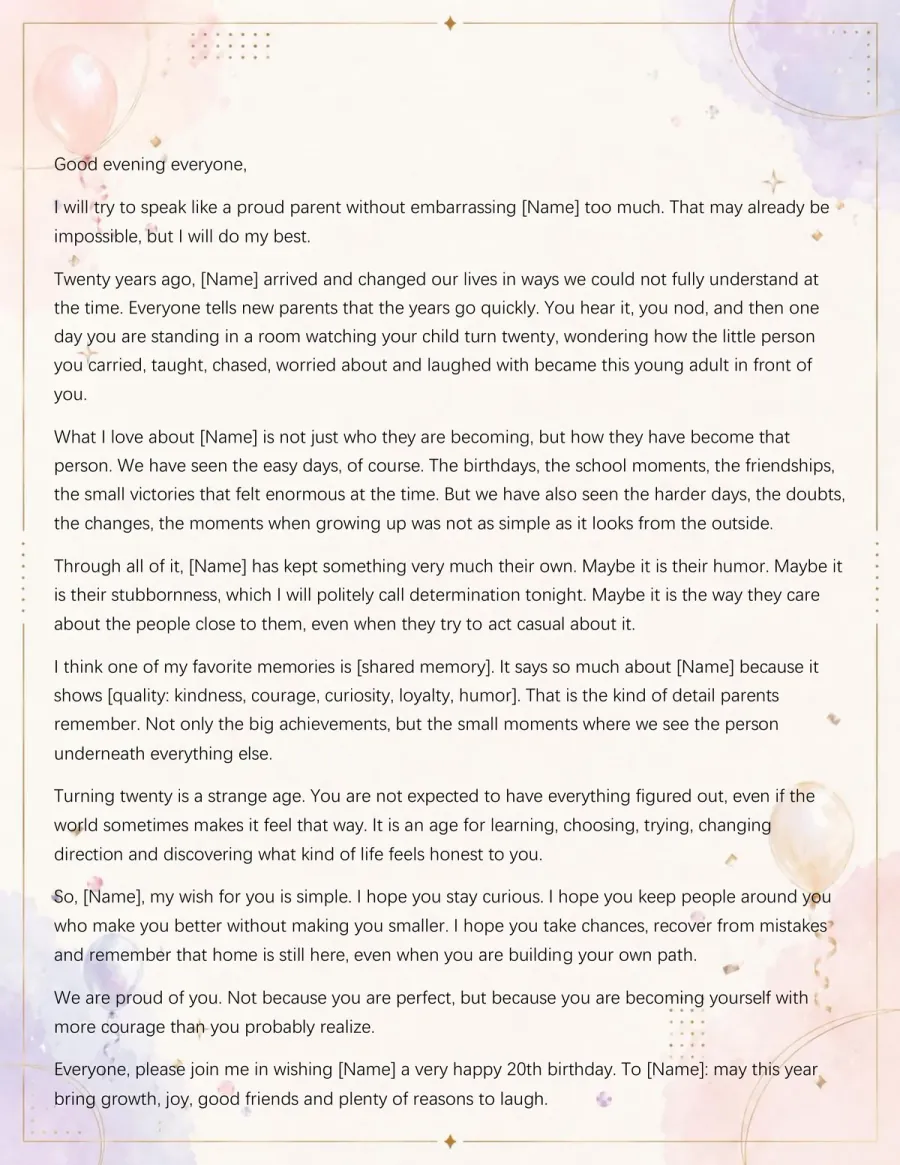 Preview of the 20th Birthday Speech Template You Can Download