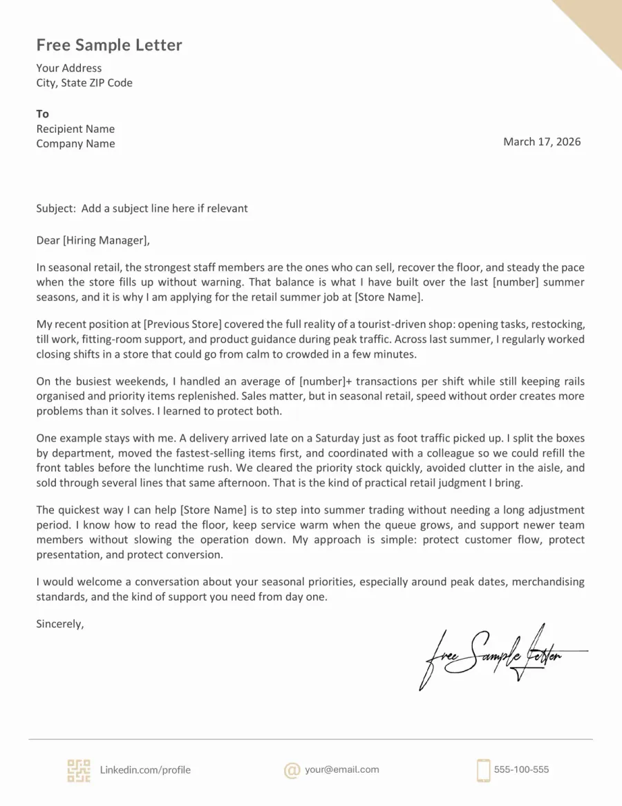 Retail Summer Job Cover Letter Template Preview Before Word/PDF Download