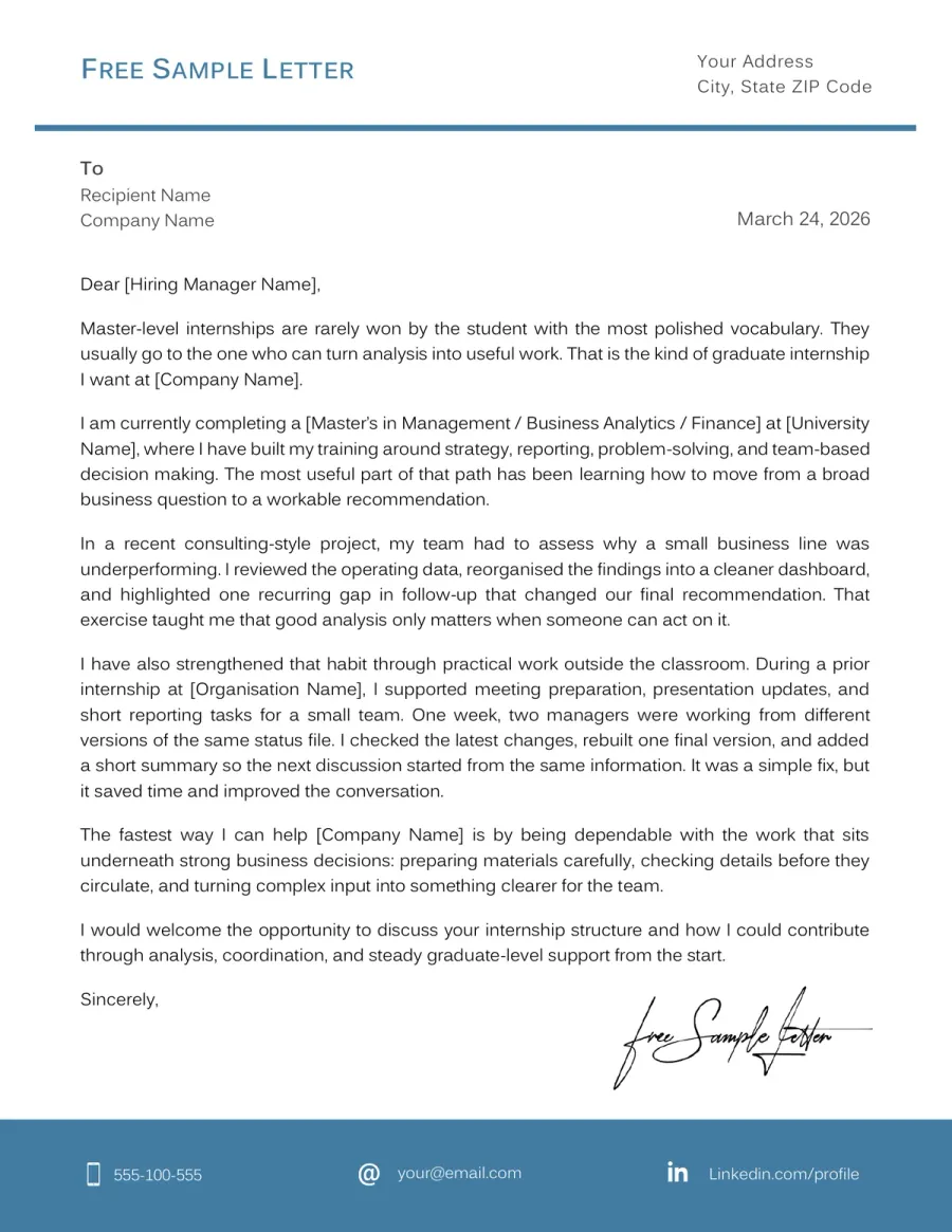 Master Program Internship Cover Letter Template Preview and Word/PDF Download