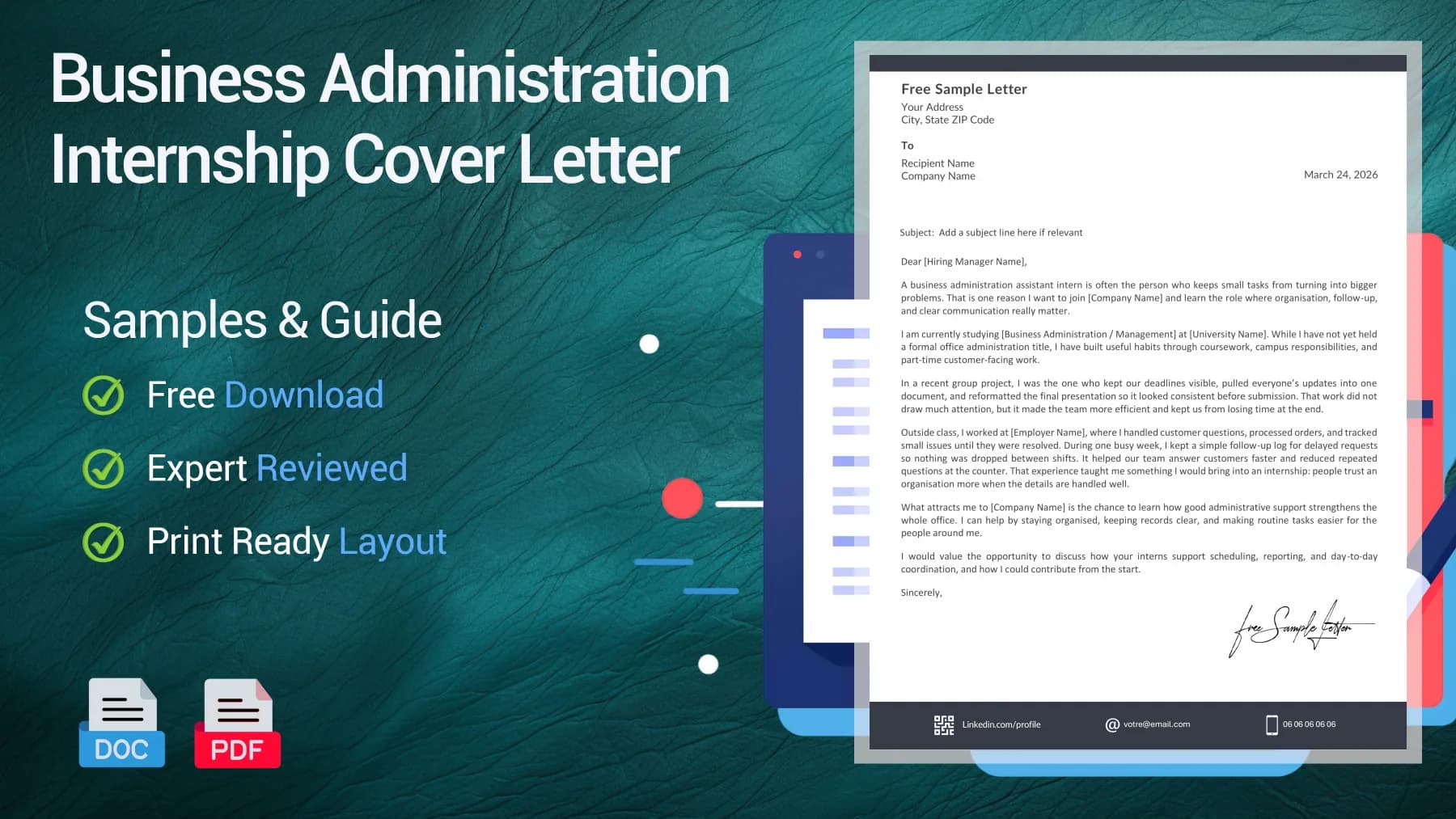 Example of a business administration assistant internship cover letter for an office support position