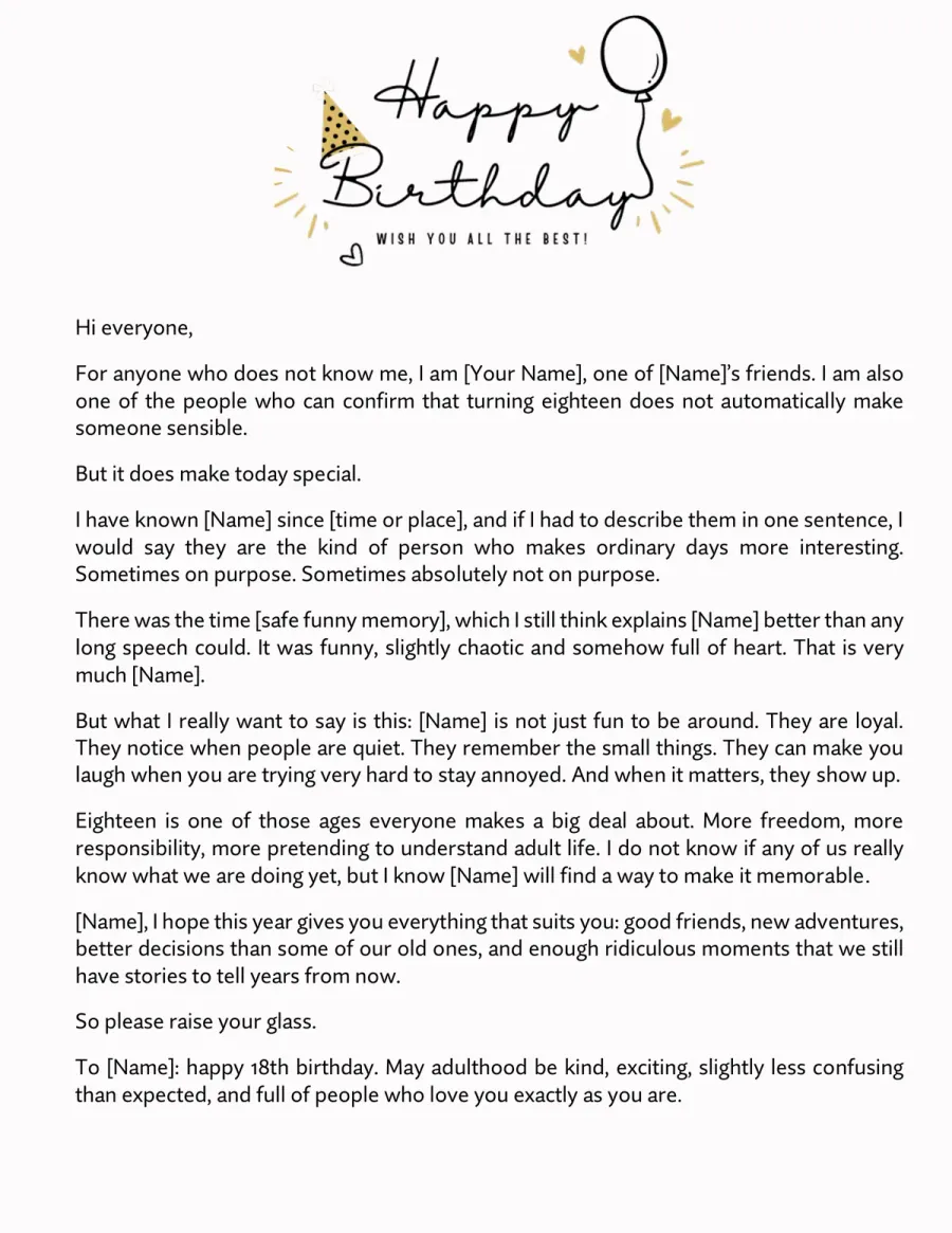 Preview of the 18th Birthday Speech Template You Can Download