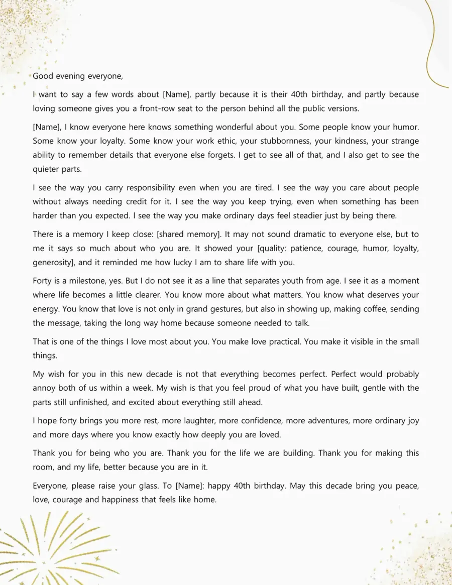 Preview of the 40th Birthday Speech Template You Can Download