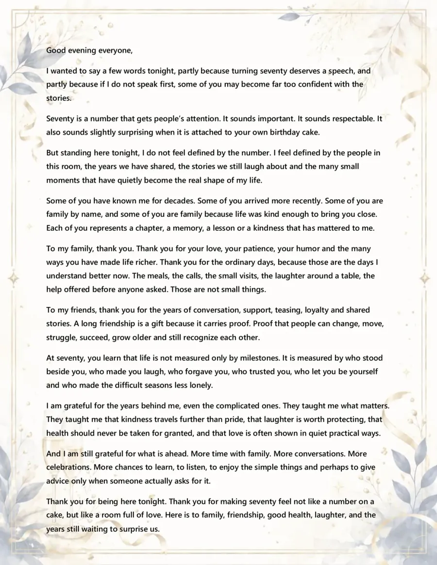 Preview of the 70th Birthday Speech Template You Can Download