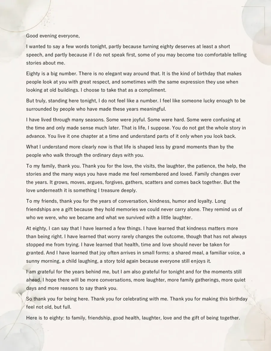 Preview of the 80th Birthday Speech Template You Can Download