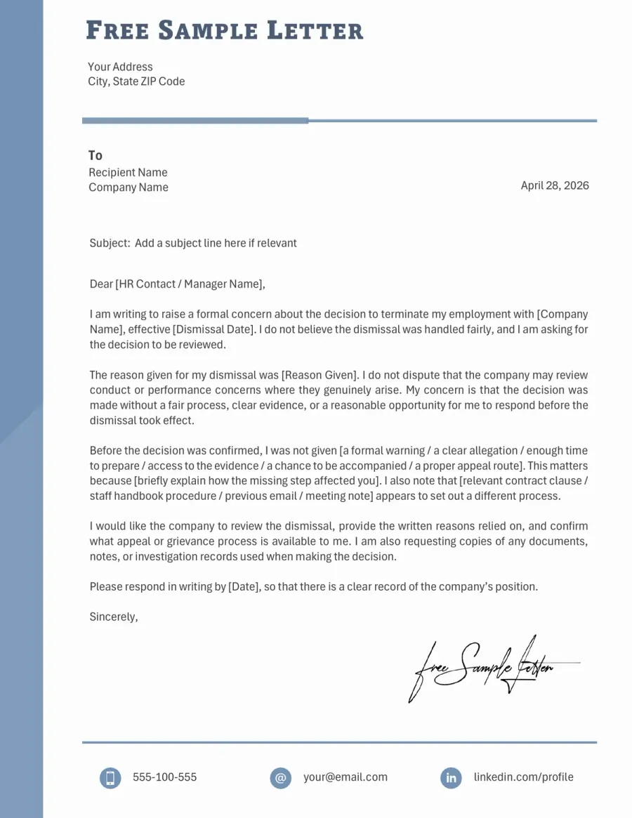 Preview of the Unfair Dismissal Complaint Template You Can Download