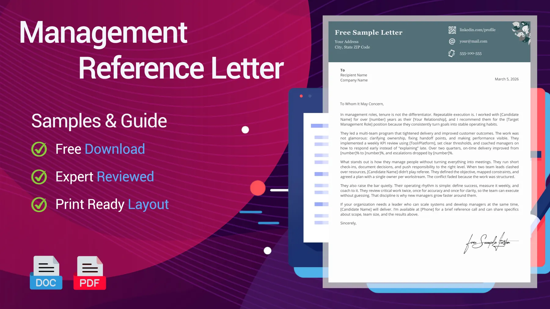 Example of a management reference letter for a manager position.