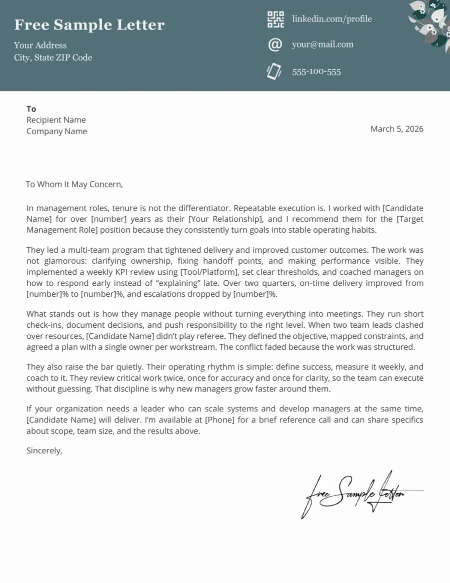 Management Recommendation Letter Template Preview Before Download (Word / PDF)