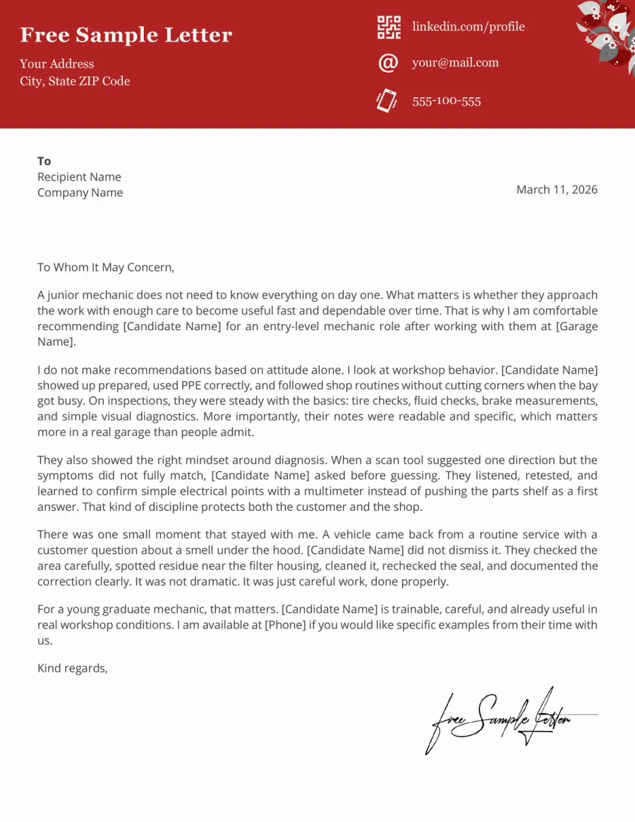 Automotive Recommendation Letter Template Preview Before Download (Word / PDF)