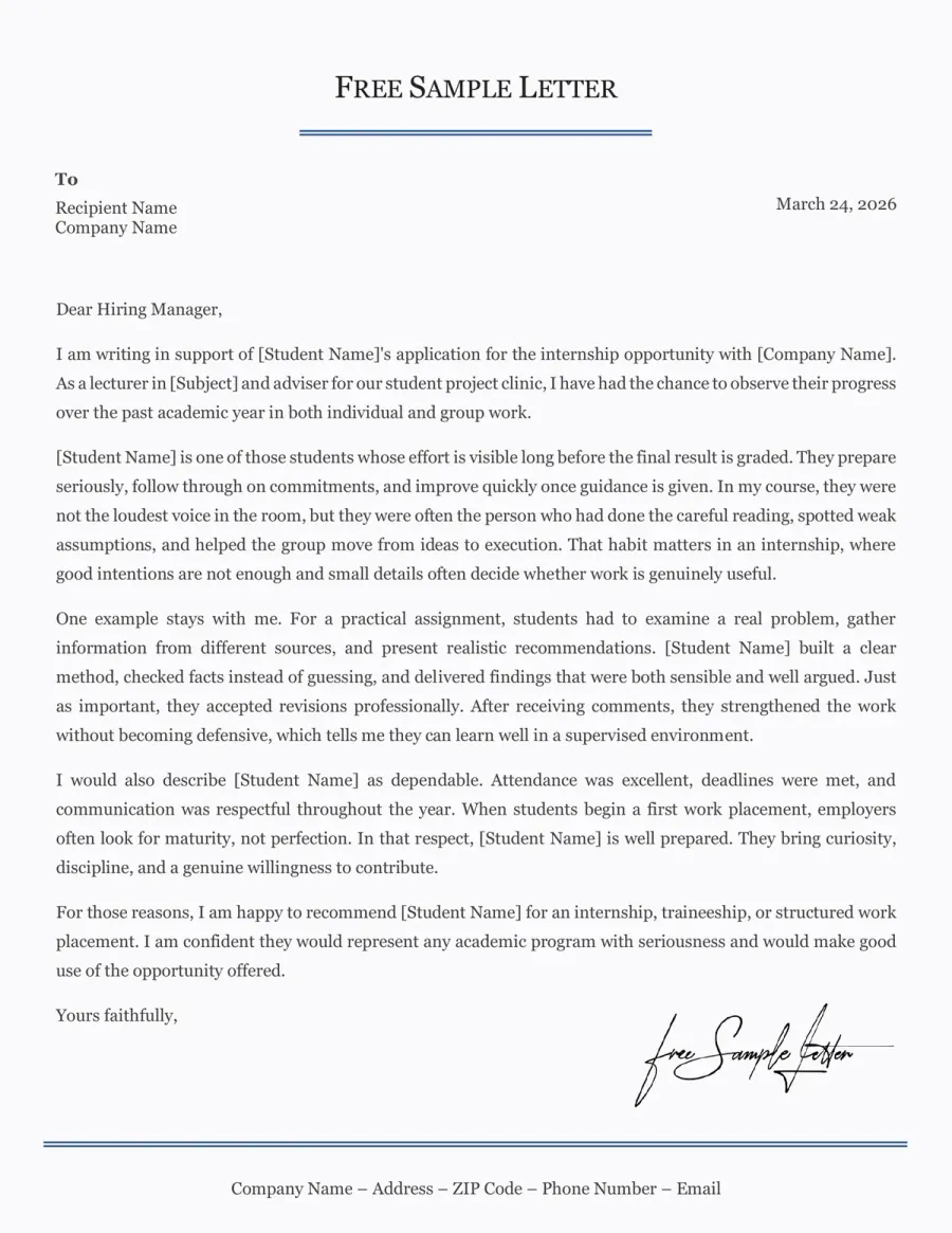 Preview This Internship Reference Letter Template Before Word or PDF Download