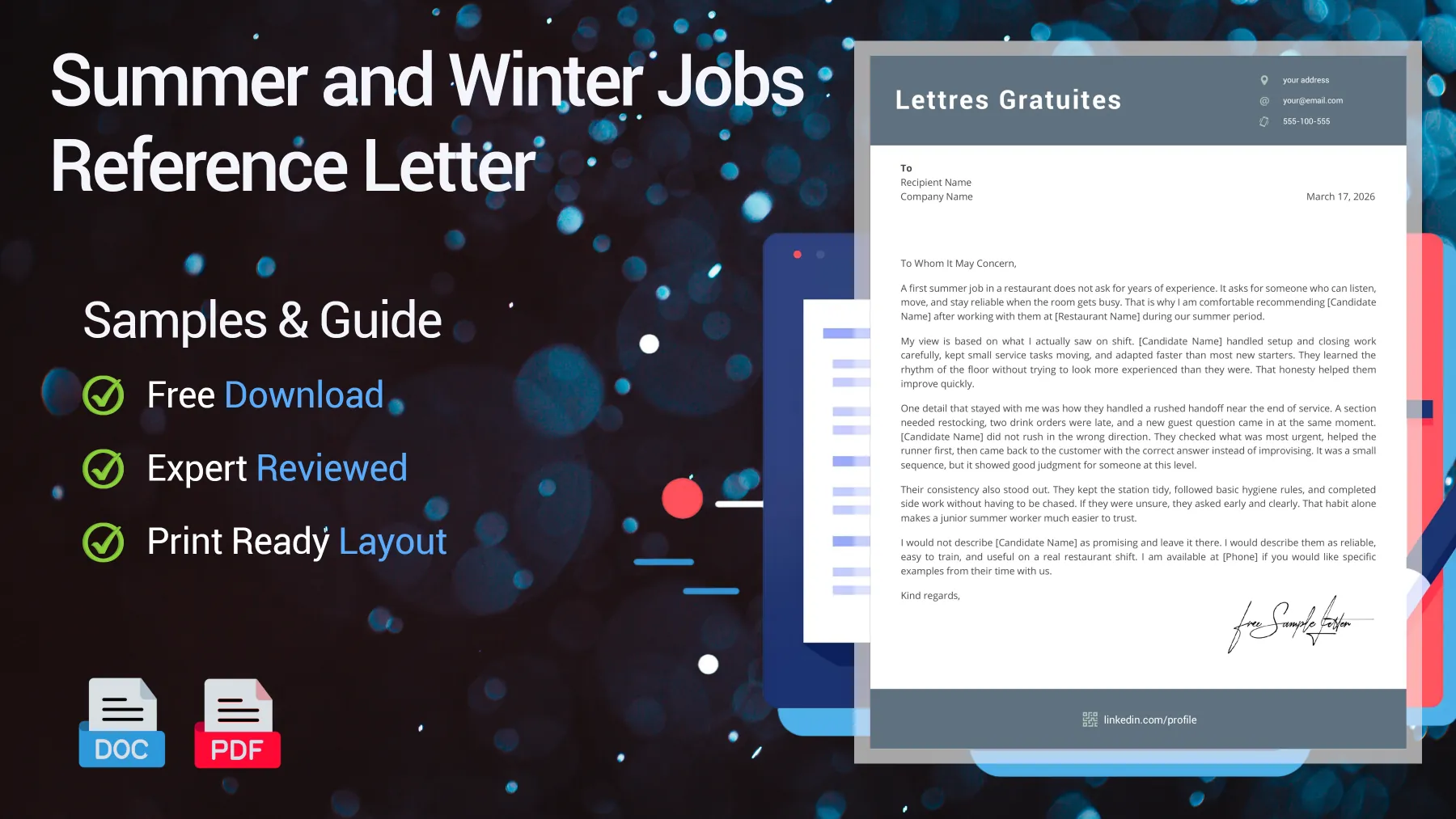 Example of a summer job reference letter for a seasonal position