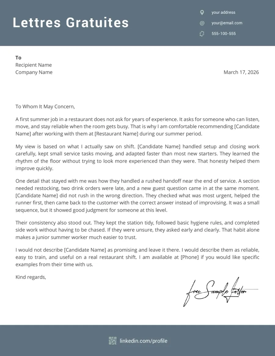 Seasonal Job Recommendation Letter Template Preview Before Download (Word / PDF)