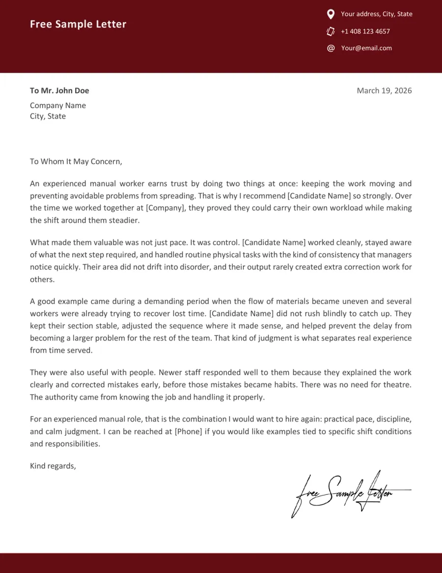 Manual Worker Recommendation Letter Template Preview Before Download (Word/PDF)