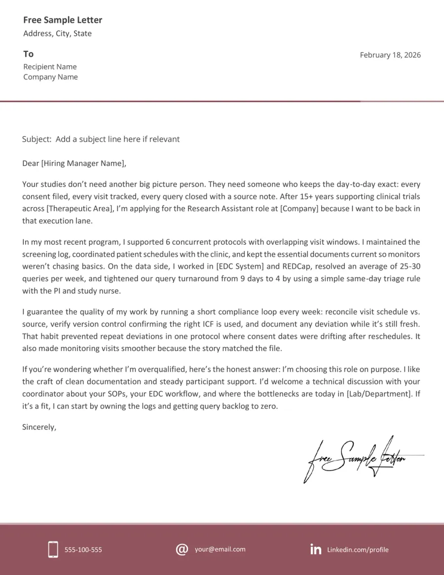 Research Assistant Cover Letter Template Preview Before Download