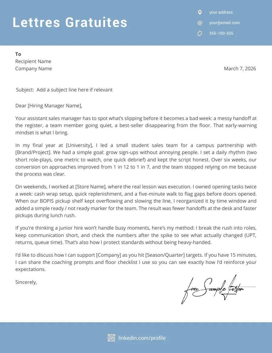 Assistant Sales Manager Cover Letter Template Preview Before Download Word/PDF