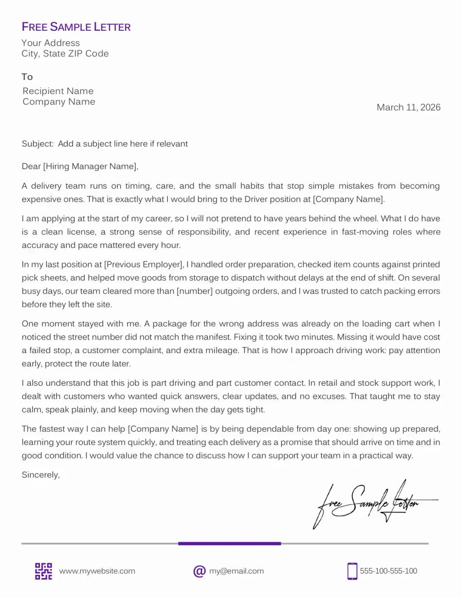 Driver Cover Letter Template Preview Before Word/PDF Download