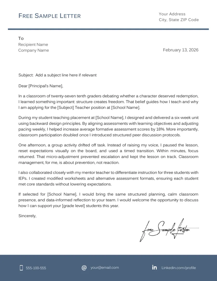Teacher Cover Letter Template Preview Before Download