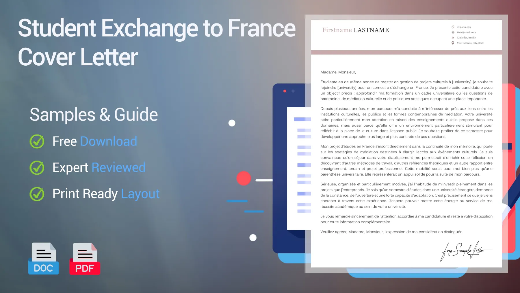 Example of a student exchange to France cover letter for a study abroad position