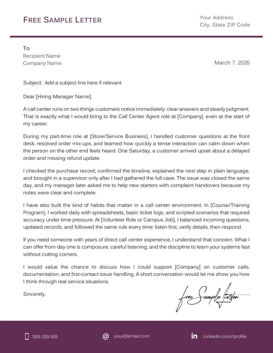 Call Center Cover Letter Template Preview Before Word/PDF Download