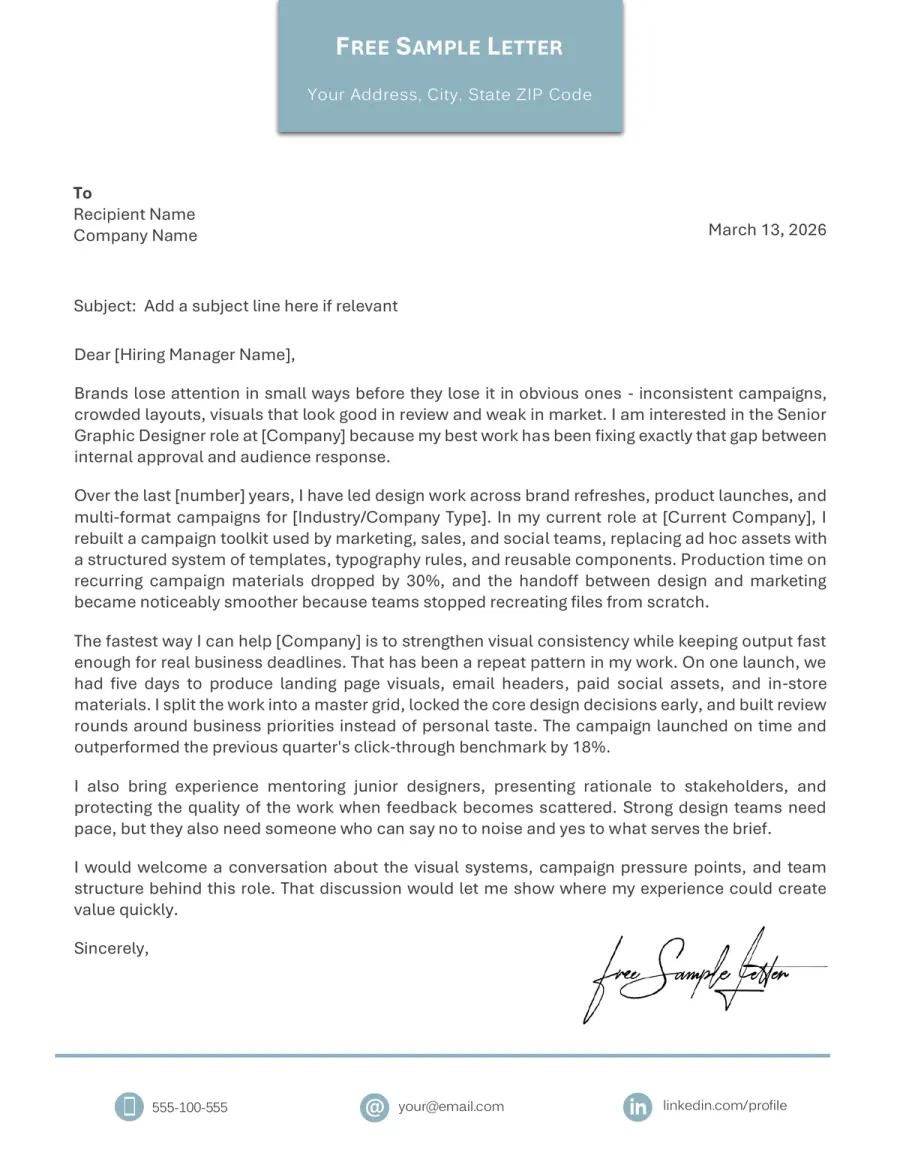 Graphic Designer Cover Letter Template Preview Before Word / PDF Download