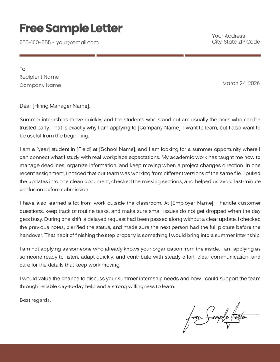 Summer Internship Application Letter Template Preview Before Word/PDF Download