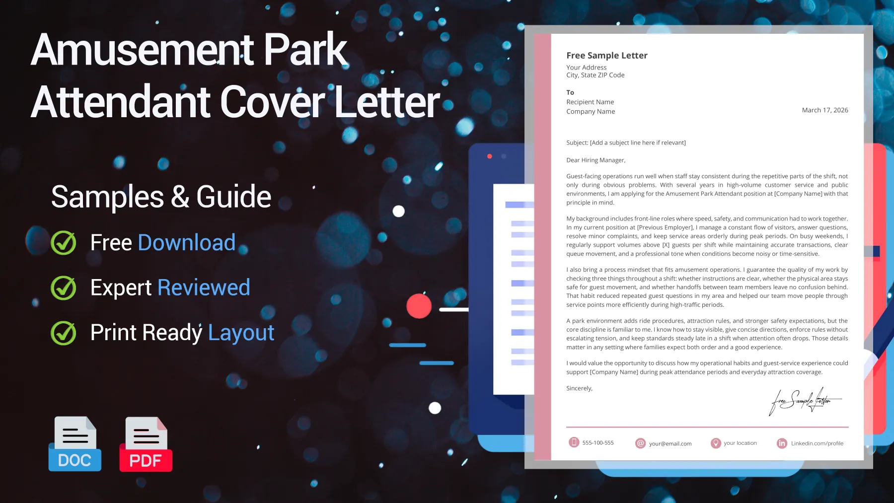 Example of an amusement park attendant cover letter for a theme park position
