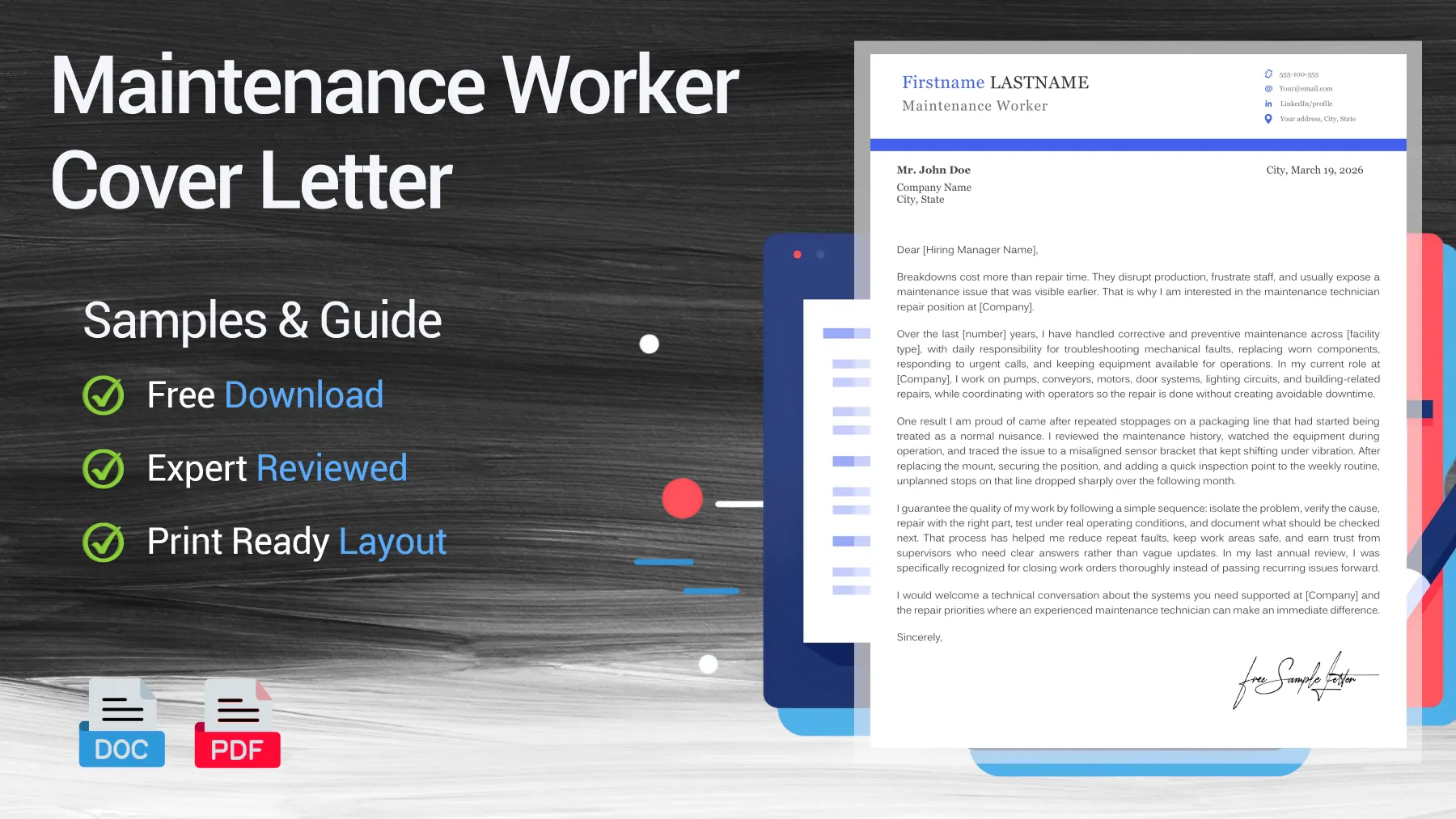 Example of a maintenance worker cover letter for a maintenance technician position