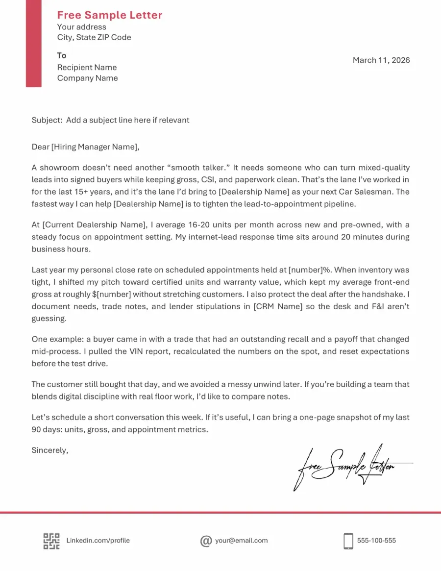 Salesman Car Cover Letter Template Preview Before Download (Word / PDF)