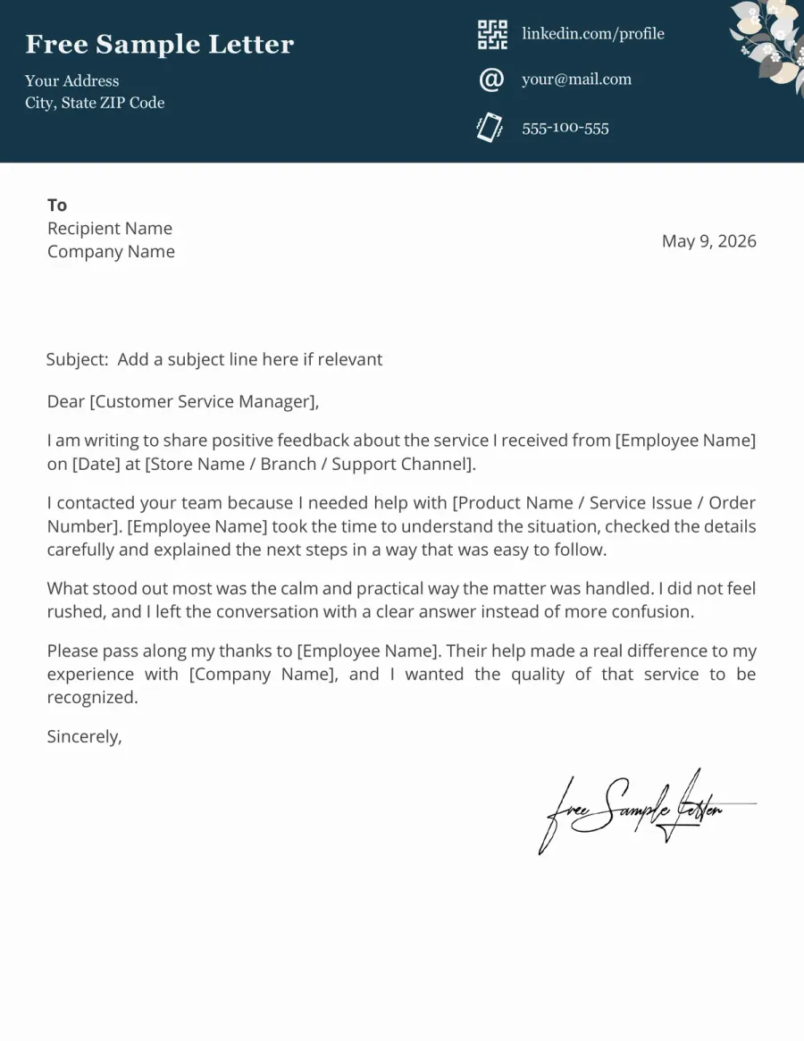 Preview of the Compliment Letter Template You Can Download