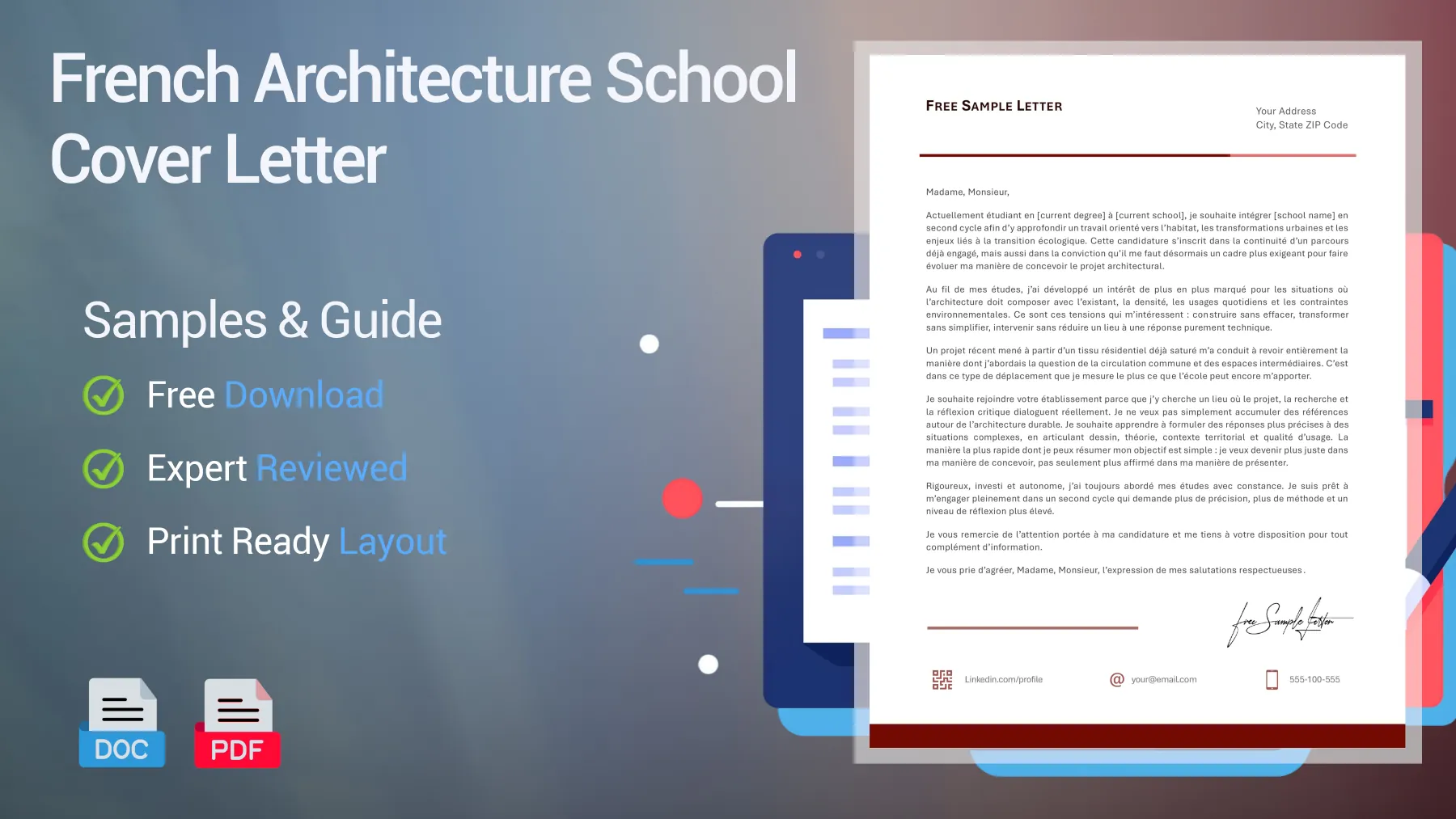 Example of a French architecture school cover letter for an architecture program position