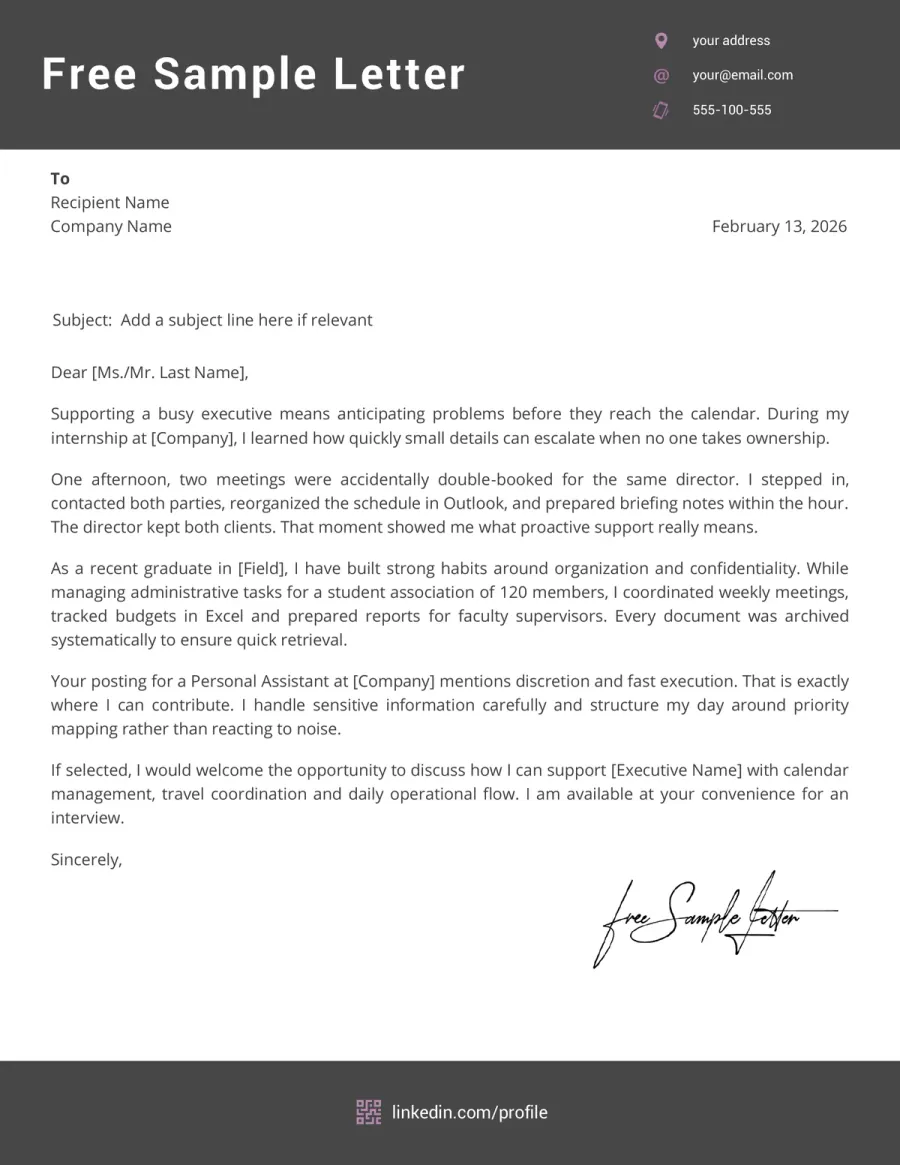 Personal Assistant Cover Letter Template Preview Before Download